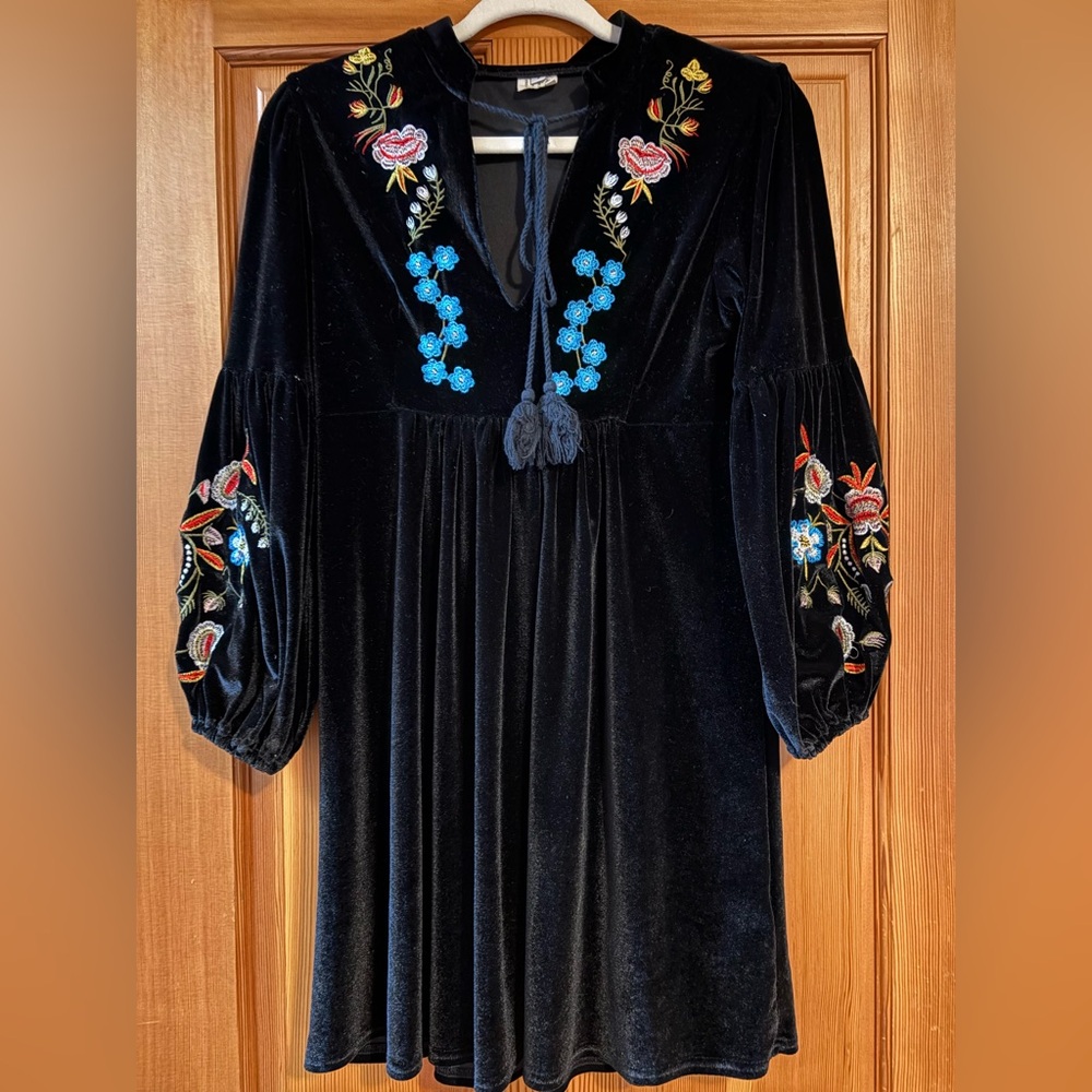 ASA Black Velvet Embroidered Floral Bohemian Style Dress - Picture 11 of 13
